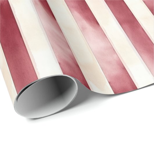Red Burgundy Cream Stripes Christmas Cadeaupapier (Rol Hoek)