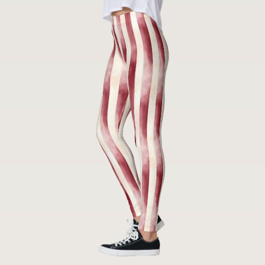 Red Burgundy Cream Stripes Christmas Leggings (Links)