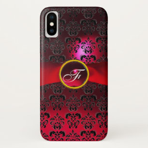 RED BURGUNDY DAMASK RIBBON GEM MONOGRAM iPhone X HOESJE