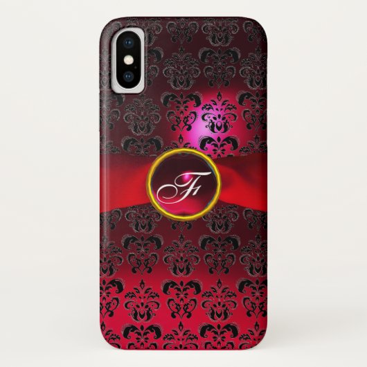 RED BURGUNDY DAMASK RIBBON GEM MONOGRAM Case-Mate iPhone CASE (Achterkant)