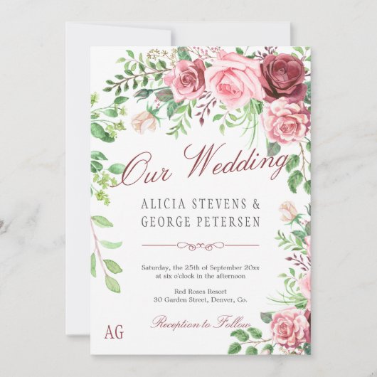Red Burgundy en Blush roze rozen Monogram Weddensc Kaart (Voorkant)