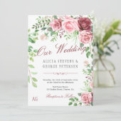 Red Burgundy en Blush roze rozen Monogram Weddensc Kaart (Staand voorkant)