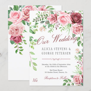 Red Burgundy en Blush roze rozen Monogram Weddensc Kaart