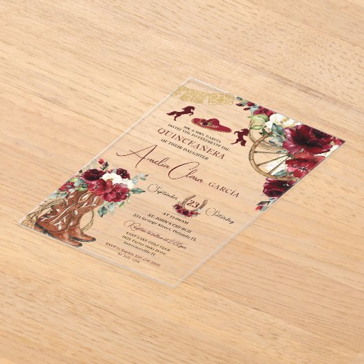 Red Burgundy Floral Charro Western Quinceanera  Acryl Uitnodigingen (Laagn)