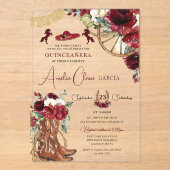 Red Burgundy Floral Charro Western Quinceanera  Acryl Uitnodigingen (Voorkant)