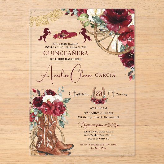 Red Burgundy Floral Charro Western Quinceanera  Acryl Uitnodigingen (Voorkant)
