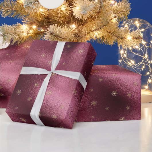 Red Burgundy Gold Glitter Snowflakes   Cadeaupapier (Feestdagen)