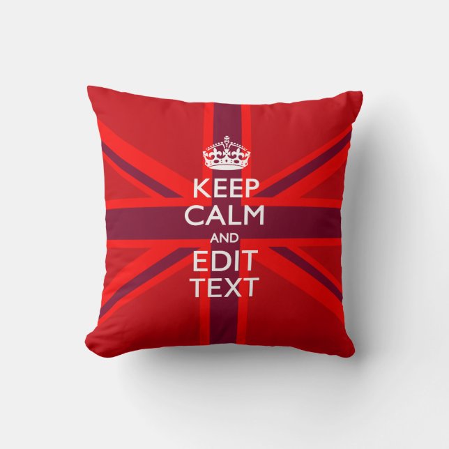 Red Burgundy Keep Calm Jouw tekst Union Jack vlag Kussen (Voorkant)