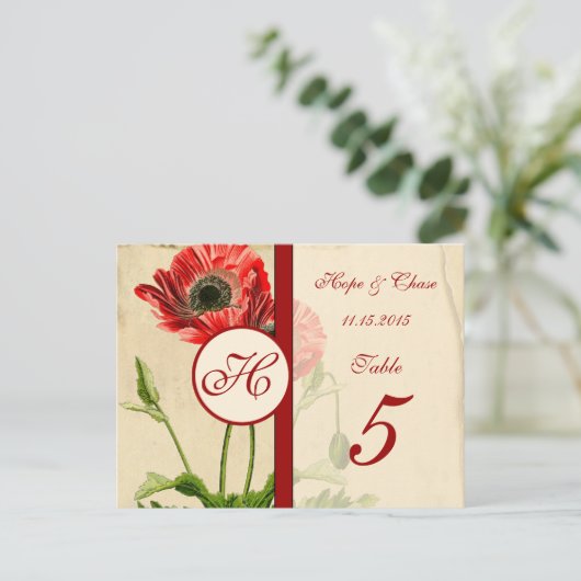  Red Burgundy Poppy Table Number Kaarten (Staand voorkant)