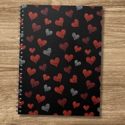 Red Burgundy Silver Glitter Hearts on Black Notitieboek