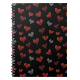 Red Burgundy Silver Glitter Hearts on Black Notitieboek