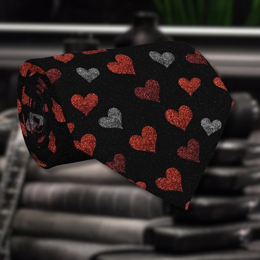 Red Burgundy Silver Glitter Hearts on Black Stropdas