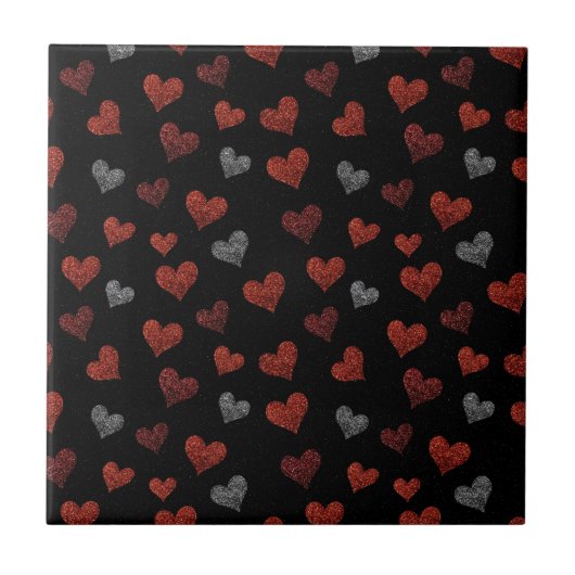 Red Burgundy Silver Glitter Hearts on Black Tegeltje (Voorkant)