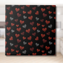 Red Burgundy Silver Glitter Hearts on Black Tegeltje
