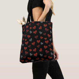 Red Burgundy Silver Glitter Hearts on Black Tote Bag