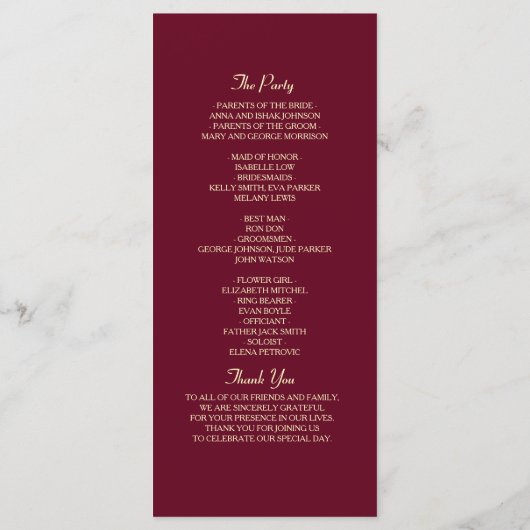 Red Burgundy Wedding Programmakaart (Achterkant)