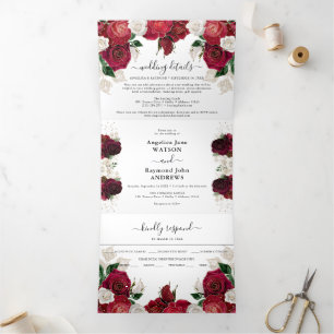 Red Burgundy & White Floral Elegant Wedding Drieluik Uitnodiging