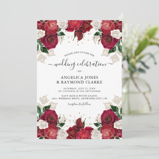 Red Burgundy & White Floral Elegant Wedding Kaart (Staand voorkant)