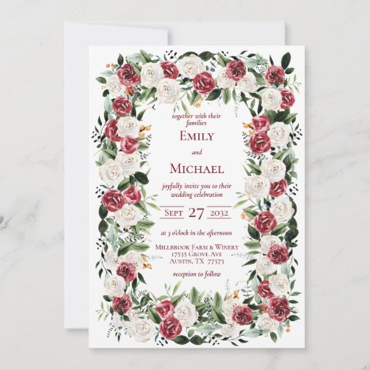  Red Burgundy White Roses Lijst Kaart (Voorkant)