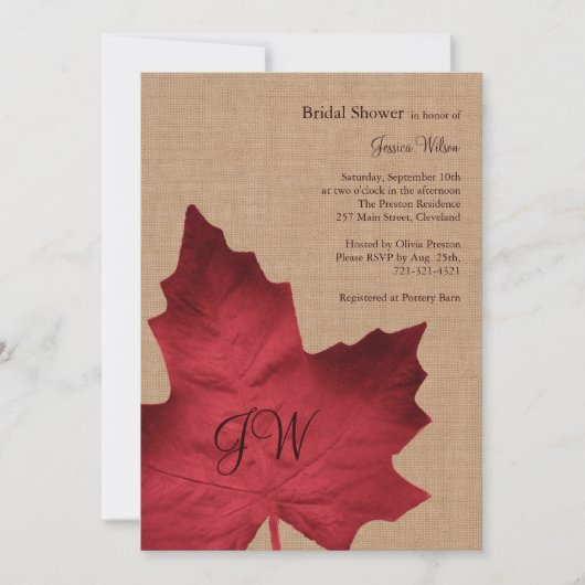 Red Burlap Monogrammed Bridal Shower Invitation Kaart (Voorkant)