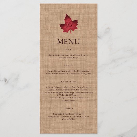 Red Burlap Monogrammed Menu (Voorkant)