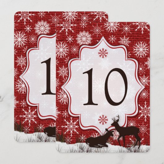Red Burlap, Snowflakes, Deer Wedding Table Number Kaart (Voorkant / Achterkant)