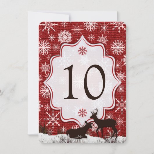 Red Burlap, Snowflakes, Deer Wedding Table Number Kaart (Voorkant)