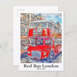 Red Bus Londen Engeland Art Waterverf Hand geteken Briefkaart