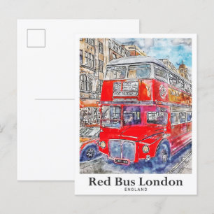 Red Bus Londen Engeland Art Waterverf Hand geteken Briefkaart