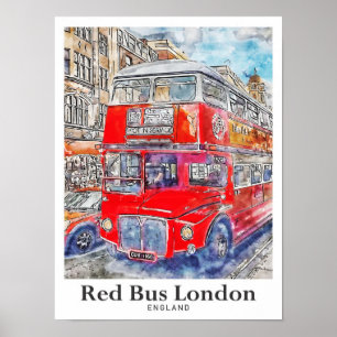Red Bus Londen Engeland Art Waterverf Hand geteken Poster