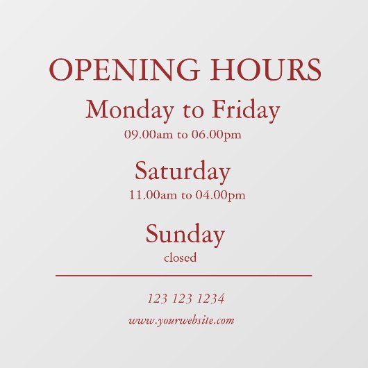 Red Business Opening Hours Sign | Window Cling Raamsticker (Vel)