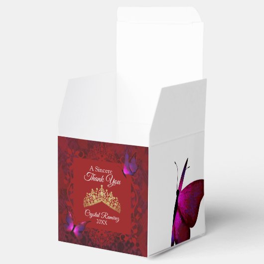 Red Butterflies, Gold Tiara Quinceanera Favor Box Bedankdoosjes (Geopend)