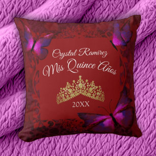 Red Butterflies, Gold Tiara Quinceanera Pillow Kussen