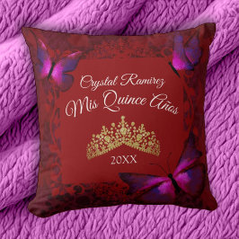 Red Butterflies, Gold Tiara Quinceanera Pillow Kussen