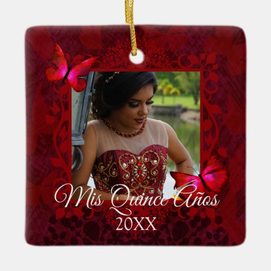Red Butterflies, Quinceanera-kerstfoto Keramisch Ornament (Voorkant)