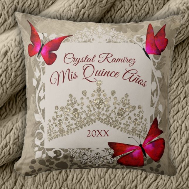 Red Butterflies, Taupe Tiara Quinceanera Pillow Kussen (Beige and red quinceanera throw pillow, beautiful red butterflies and border, gold tiara)