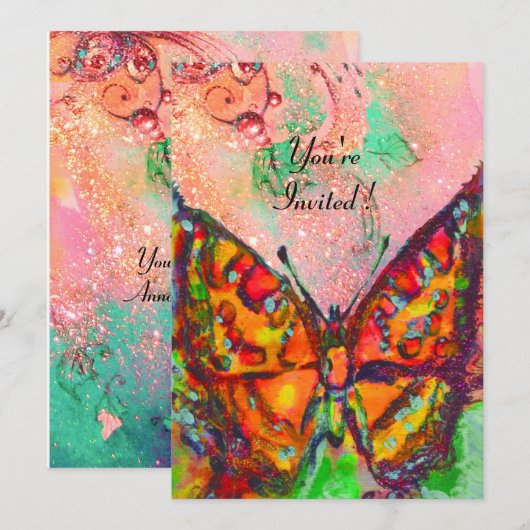 RED BUTTERFLY PINK FUCHSIA GOLD SPARKLES Sweet 16 Kaart (Voorkant / Achterkant)