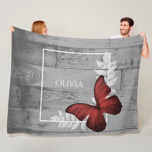 Red Butterfly Rustic Personalized Fleece Blanket Deken (In situ)