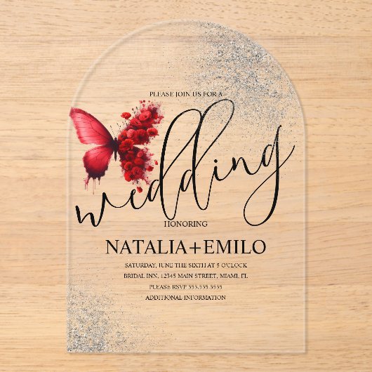 Red Butterfly Script Minimal Wedding Acryl Uitnodigingen (Voorkant)