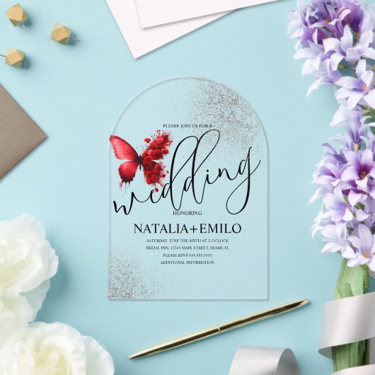 Red Butterfly Script Minimal Wedding Acryl Uitnodigingen (Insitu (Huwelijk))