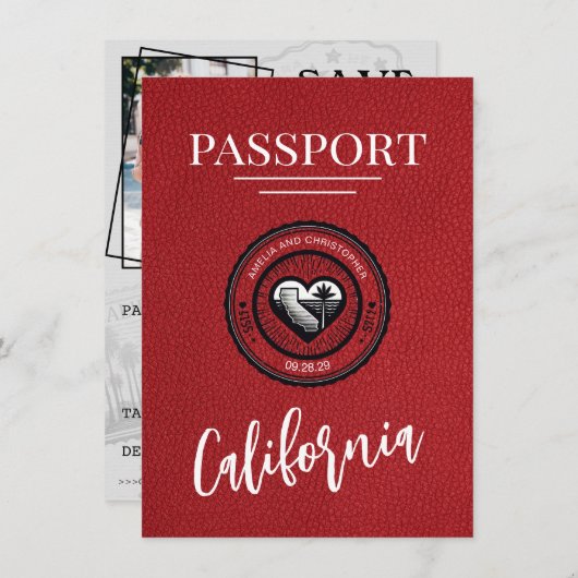 Red California Passport Bewaar de datum Save The Date (Voorkant / Achterkant)