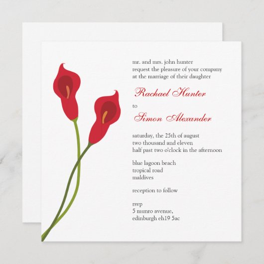 Red Calla Lilies Wedding Kaart (Voorkant / Achterkant)