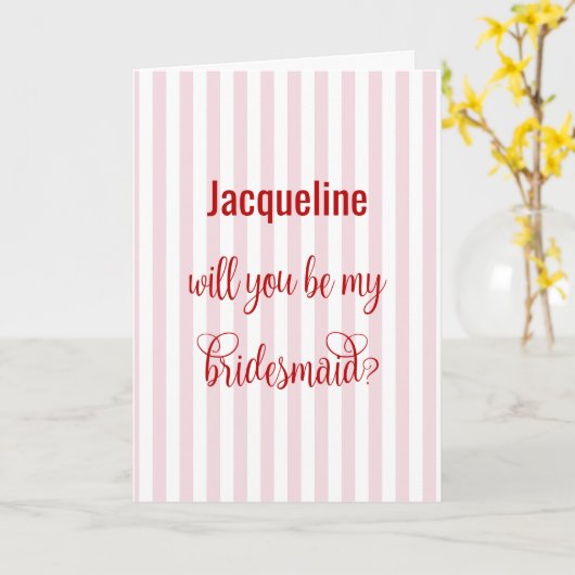 Red Calligraphy + Pink Stripe Bridesmaid Proposal Kaart (Gele Bloem)