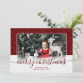 Red Calligraphy Script Star Cute Photo met Kerstmi Feestdagenkaart (Staand voorkant)