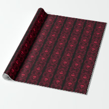 Red Cameo Damask Skulls op zwart inpakpapier