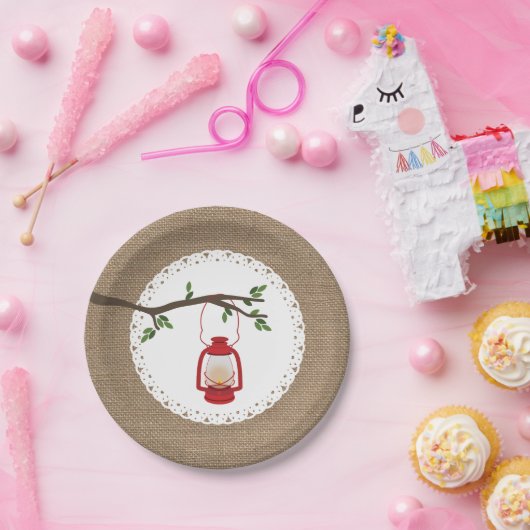 Red Camping Lantern - Burlap geïnspireerd Papieren Bordje (Feest)