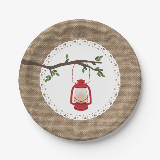 Red Camping Lantern - Burlap geïnspireerd Papieren Bordje (Voorkant)