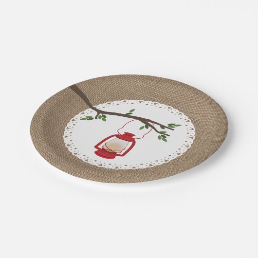 Red Camping Lantern - Burlap geïnspireerd Papieren Bordje (Gekanteld)