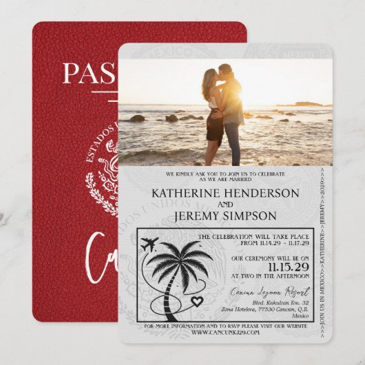 Red Cancun Passport Wedding Kaart (Voorkant / Achterkant)