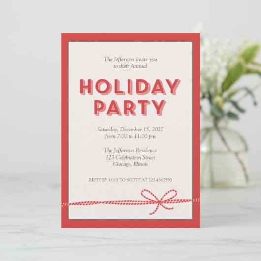 Red Candy Cane Bowstring Holiday kerstparty Kaart (Staand voorkant)